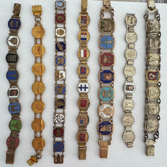 BUNDLE of 7 - 1930s Paris France Landmarks Souvenir Bracelets - Picture 1 of 13